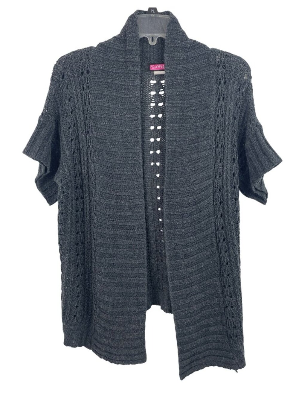 Say What? Open Front Knit Cardigan Sweater Medium Black Short Sleeve